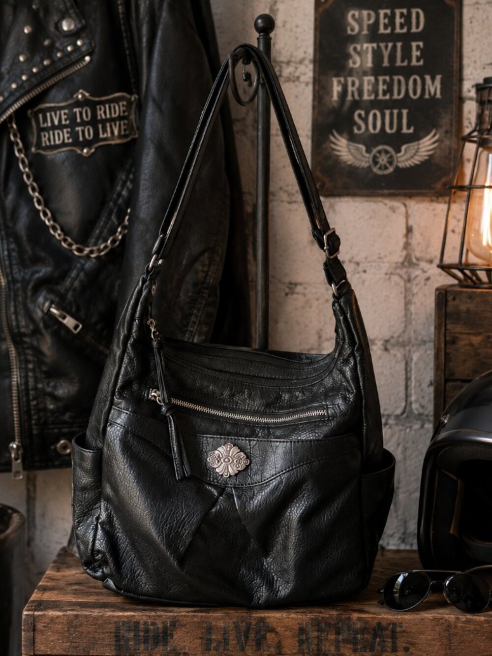 BUENO Black Faux Leather Shoulder Bag – Ornate Medallion – Multi-Zip